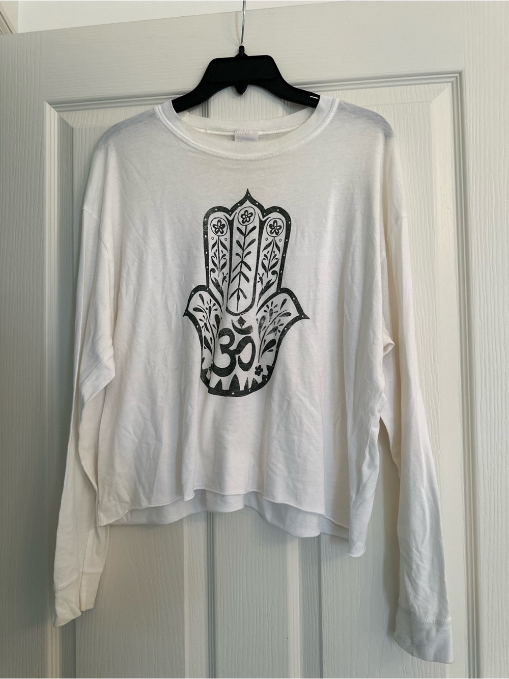 White Long-Sleeve Graphic Tee with Hamsa Motif
